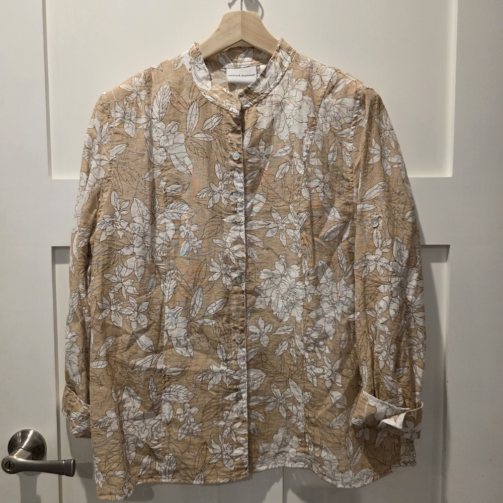 Alfred Dunner Womens Shirt 16 Beige Floral Button Up Long Sleeve Semi Sheer Chic
